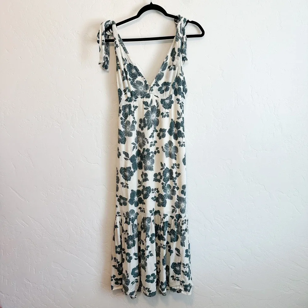Abercrombie | Tie-Strap Floral Babydoll Midi Dress Green